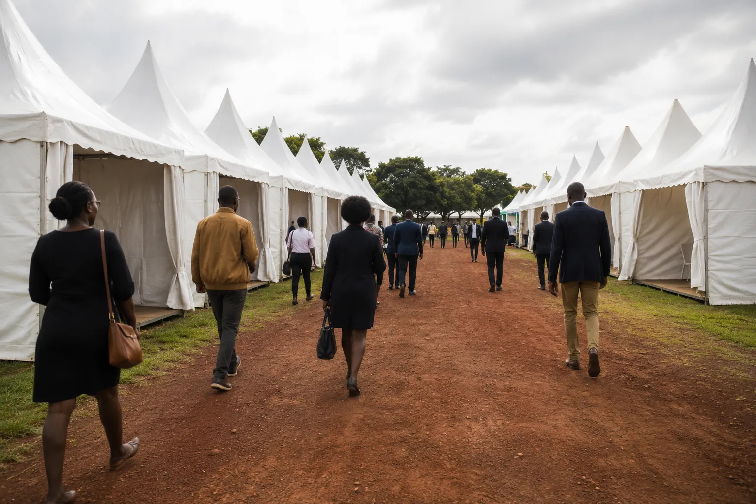 Illustrative image: an avenue of white peaked exhibition tents on a murram path, delegates walking between them
