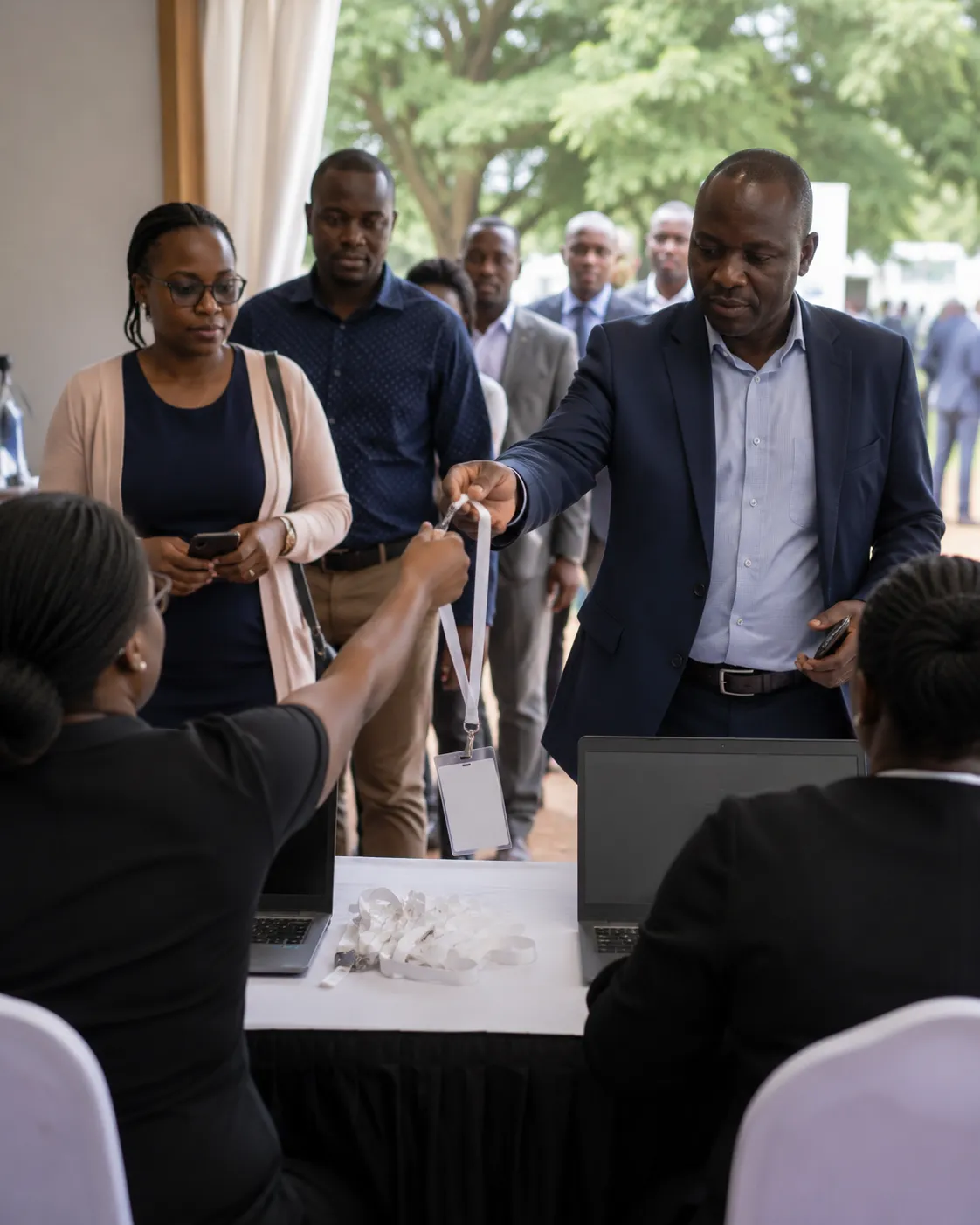 Illustrative image: a delegate collecting a lanyard and badge from staff at a registration desk