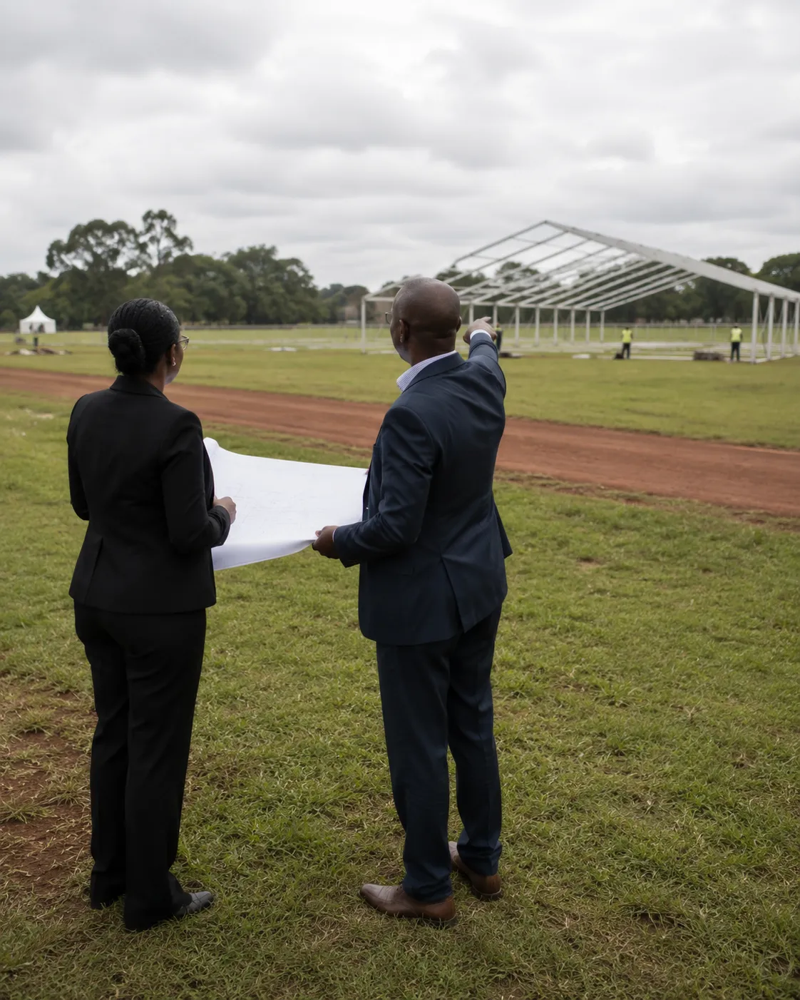 Illustrative image: two organisers with a site plan looking across open ground at a marquee frame going up
